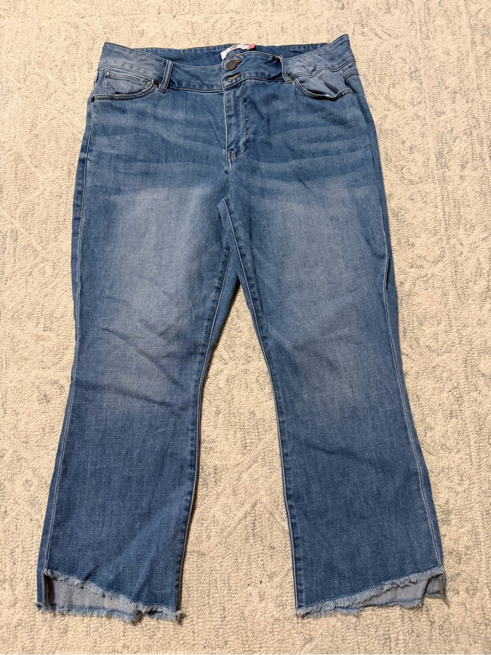 CAbi Hi Lo Crop -Blue Crop Flare Jeans with Raw Hem